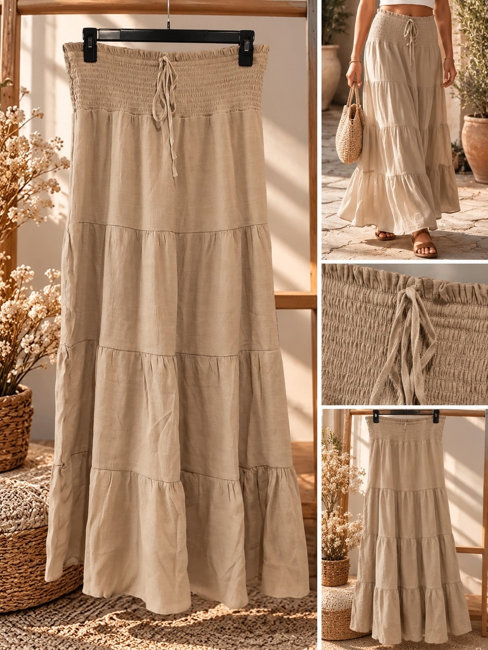 Love Tree Beige Smocked Tiered Maxi Skirt